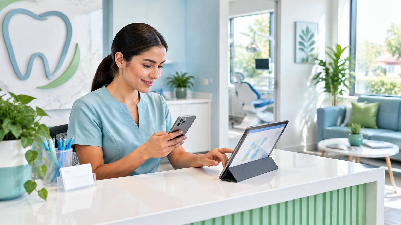 Recepcionista de un consultorio dental confirmando citas desde su teléfono y una tableta