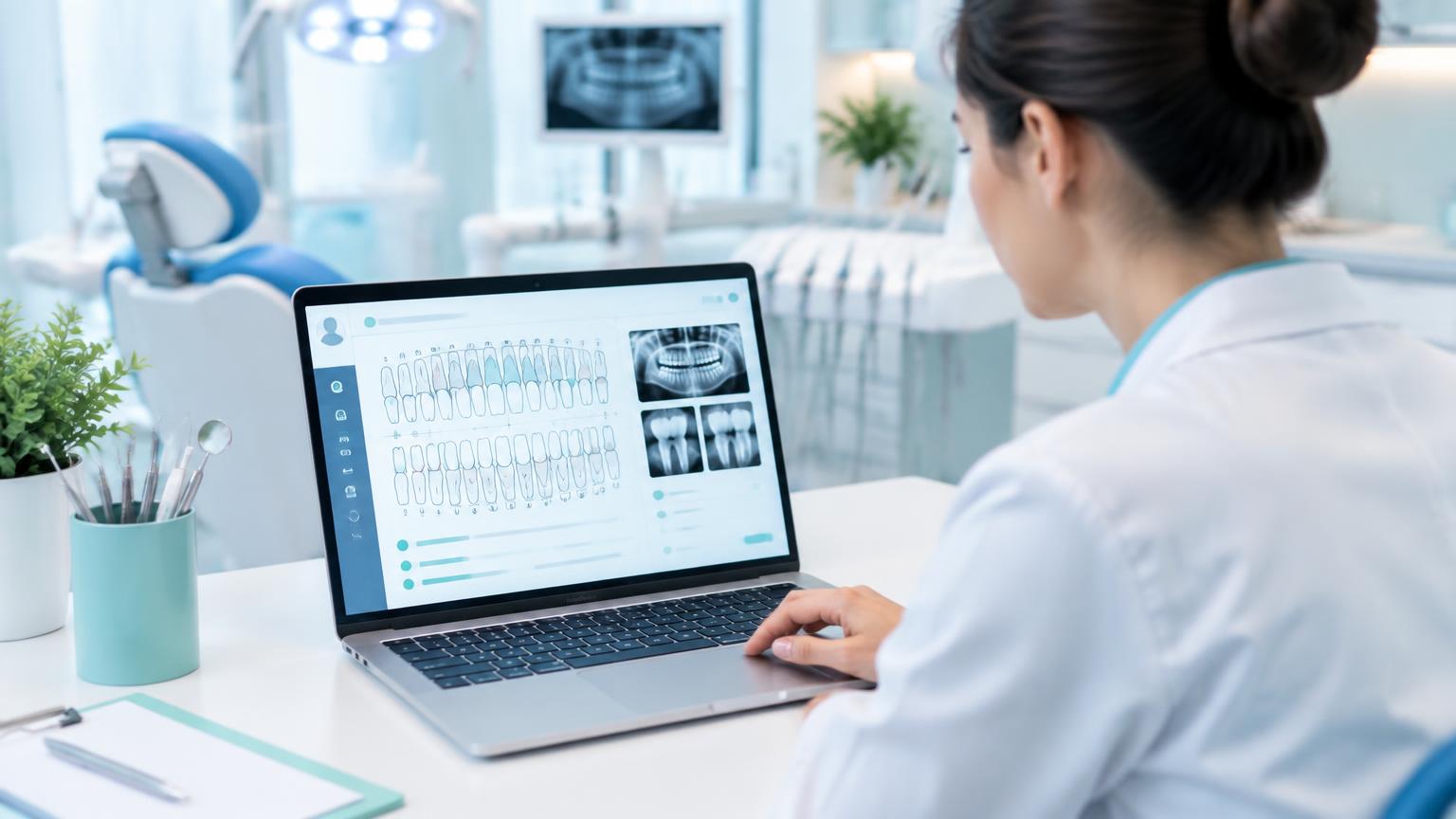 Odontóloga revisando un expediente clínico digital con odontograma y radiografías en su laptop
